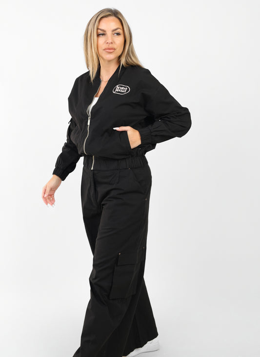 Black Iconic Bomber & Wide-Leg Pants Set – Sport Luxe Edition