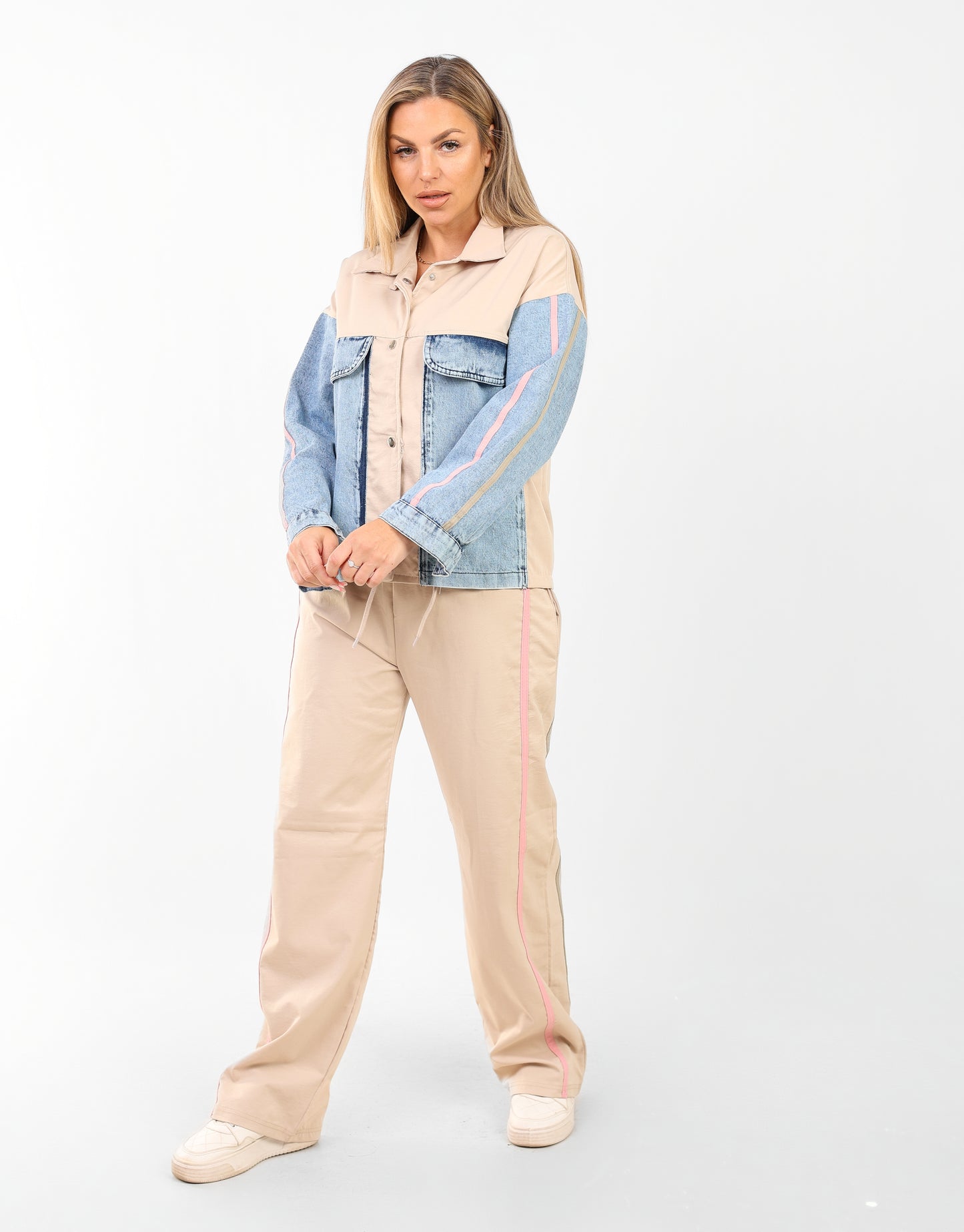Women's Color Block Jacket and Pants Set with Stripe Detail – Casual Streetwear Style