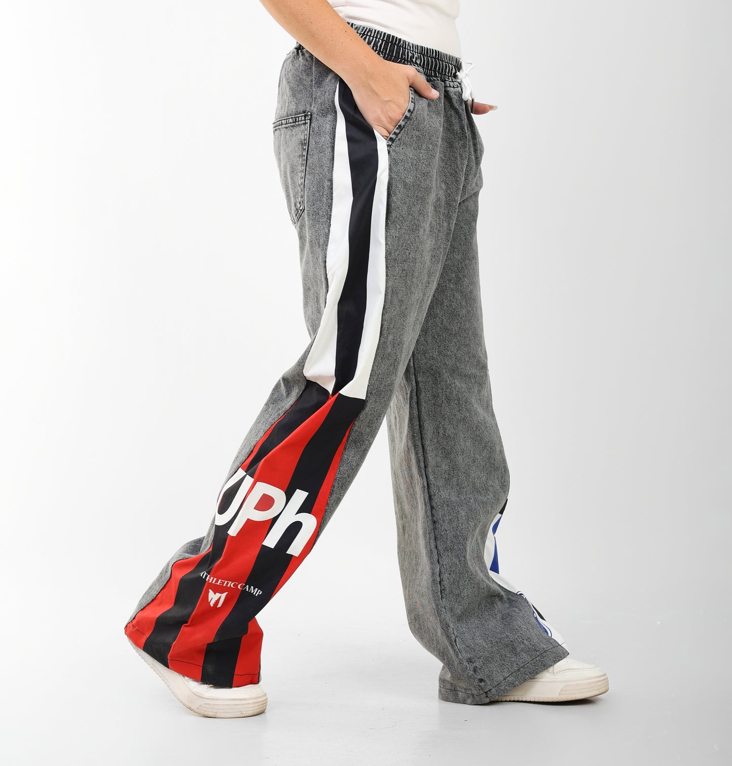 Washed Wide-Leg Jeans with Color Block Graphic Panels