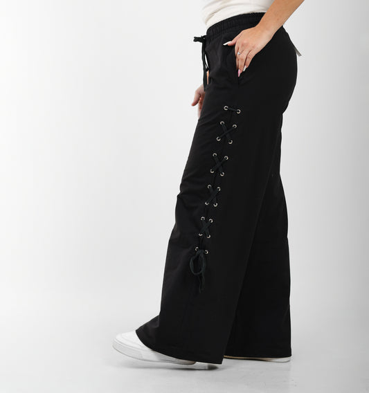 Black Side-Lace Wide-Leg Joggers – Edge Edition