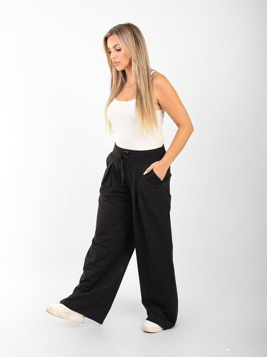 Black Luxe Ribbed-Waist Wide-Leg Pants – Flow Edition