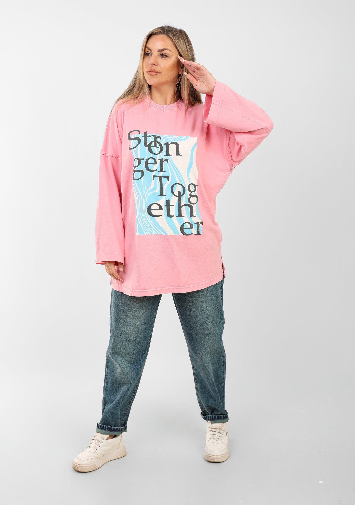 Women’s Oversized Pink “Stronger Together” Graphic Sweatshirt