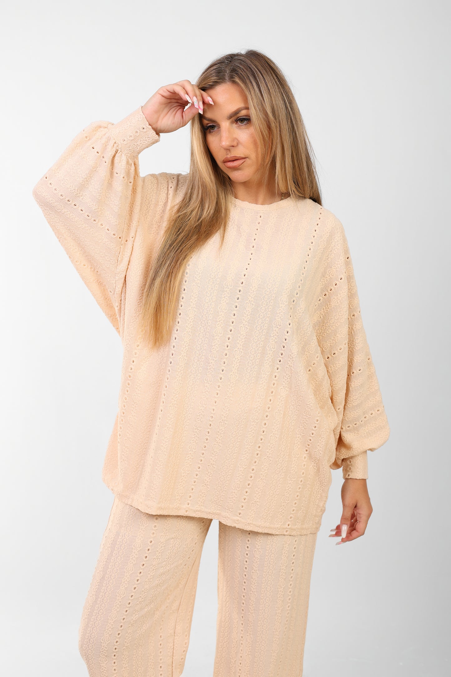 Women's Beige Two-Piece Loungewear Set – Loose Fit Top & Wide-Leg Pants