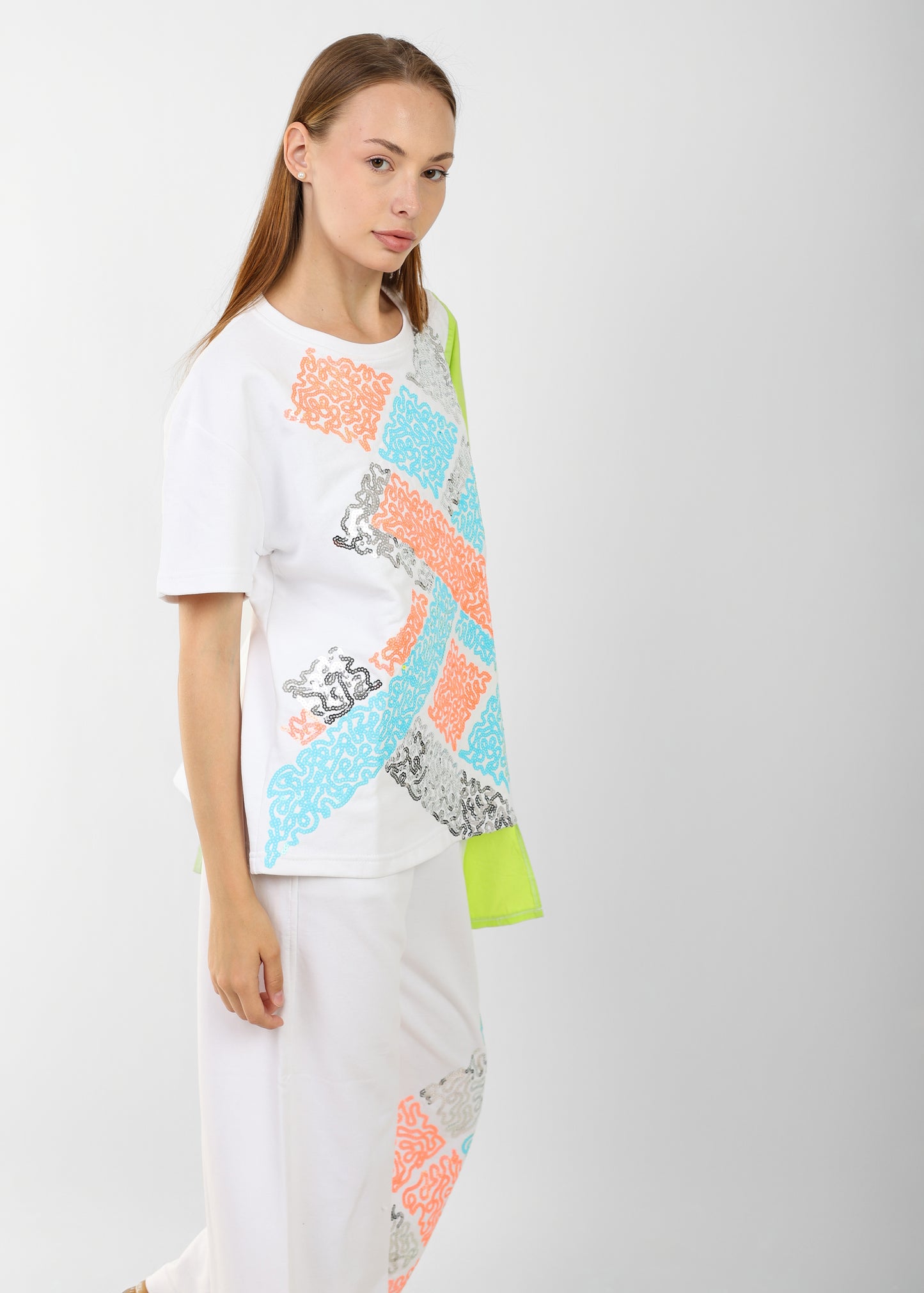 Women's Oversized Patchwork Coord Set – Black with Neon & Pastel Geometric Print