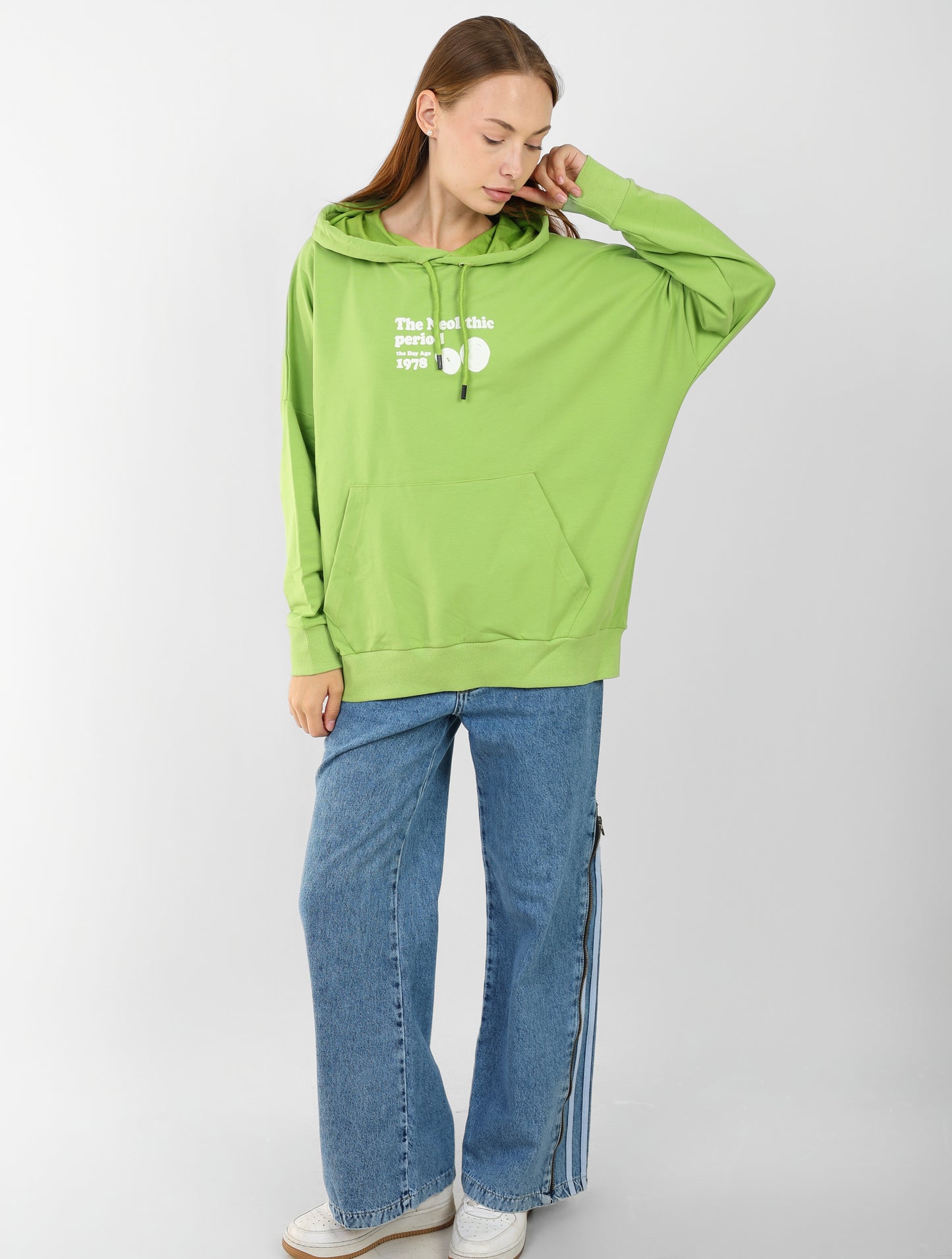Oversized Lime Green Hoodie for Women – Graphic Print, Long Sleeve, Casual Streetwear
