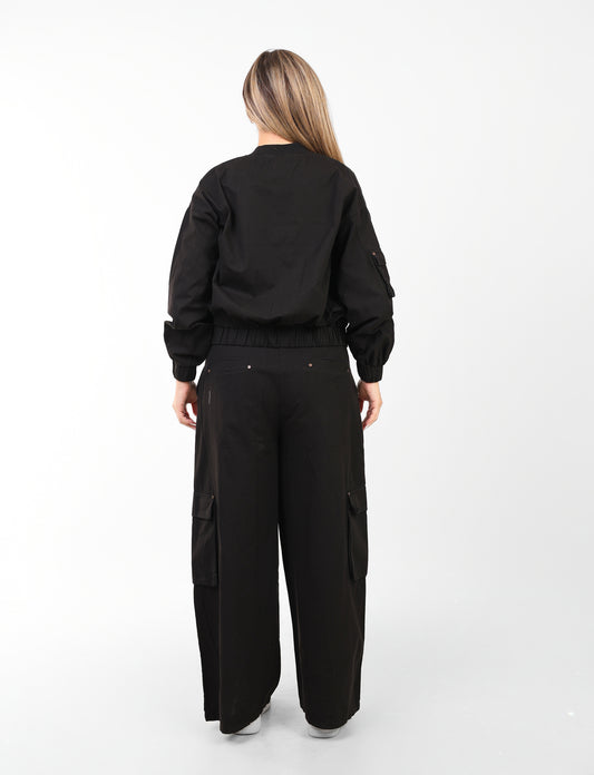 Black Iconic Bomber & Wide-Leg Pants Set – Sport Luxe Edition