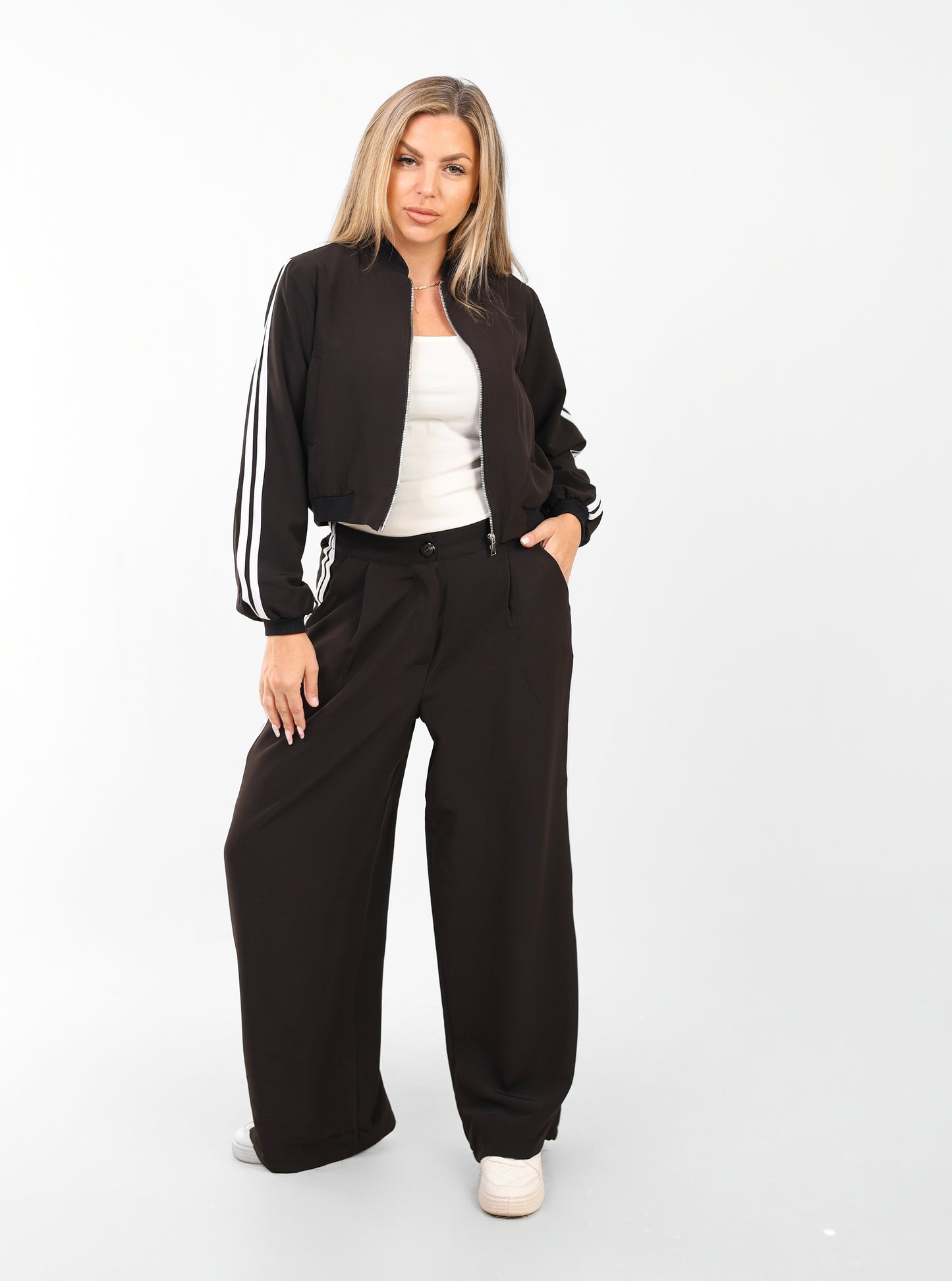 Women’s Black Two-Piece Tracksuit with White Side Stripes – Sporty & Casual Set