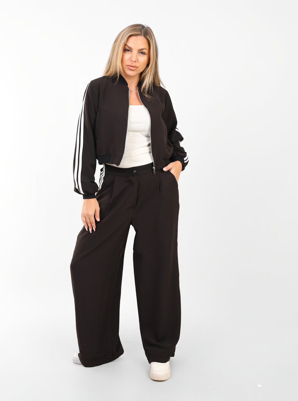 Women’s Black Two-Piece Tracksuit with White Side Stripes – Sporty & Casual Set