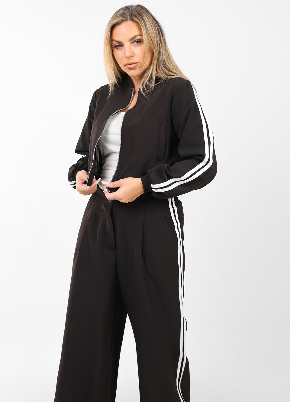Women’s Black Two-Piece Tracksuit with White Side Stripes – Sporty & Casual Set
