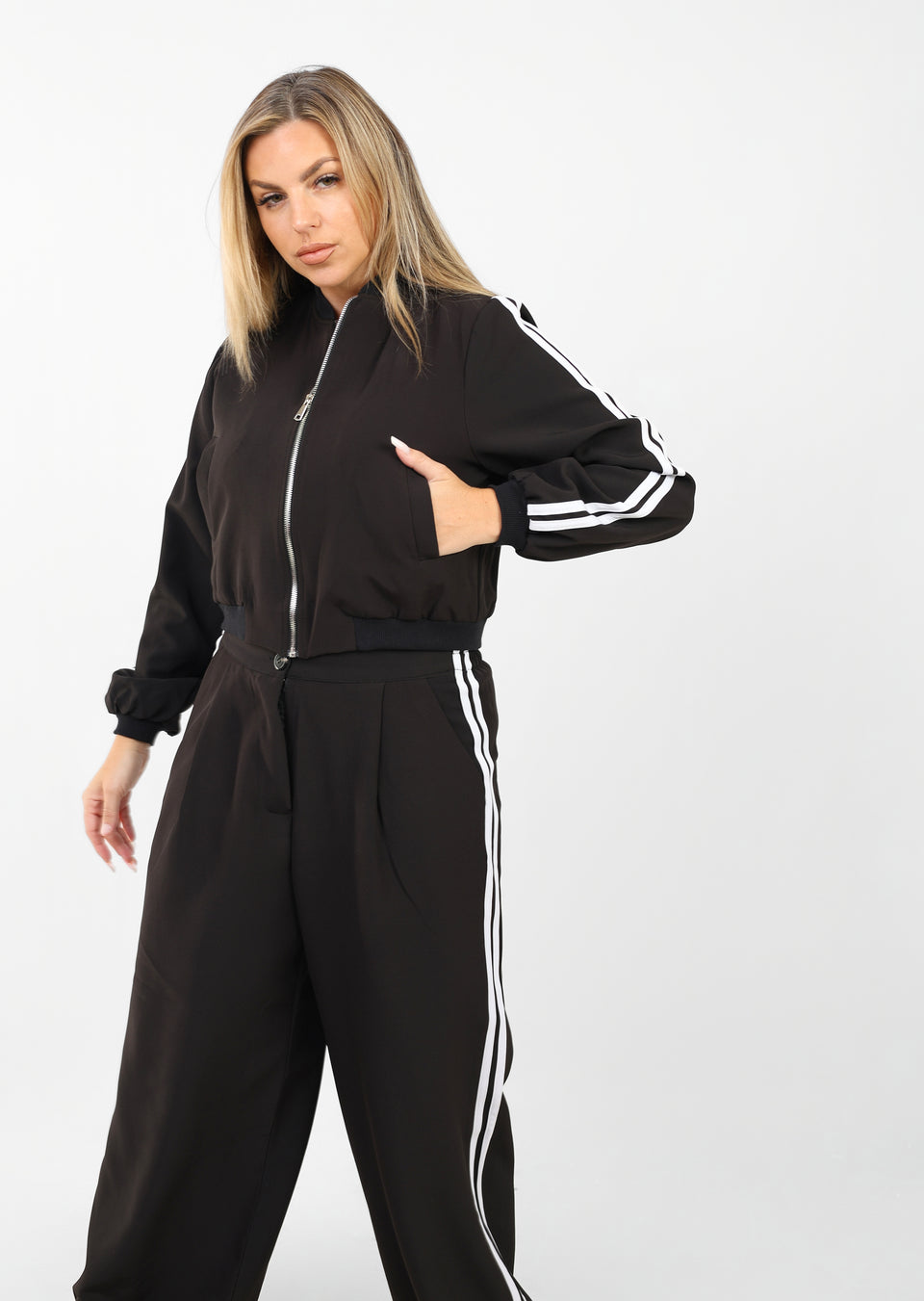Women’s Black Two-Piece Tracksuit with White Side Stripes – Sporty & Casual Set