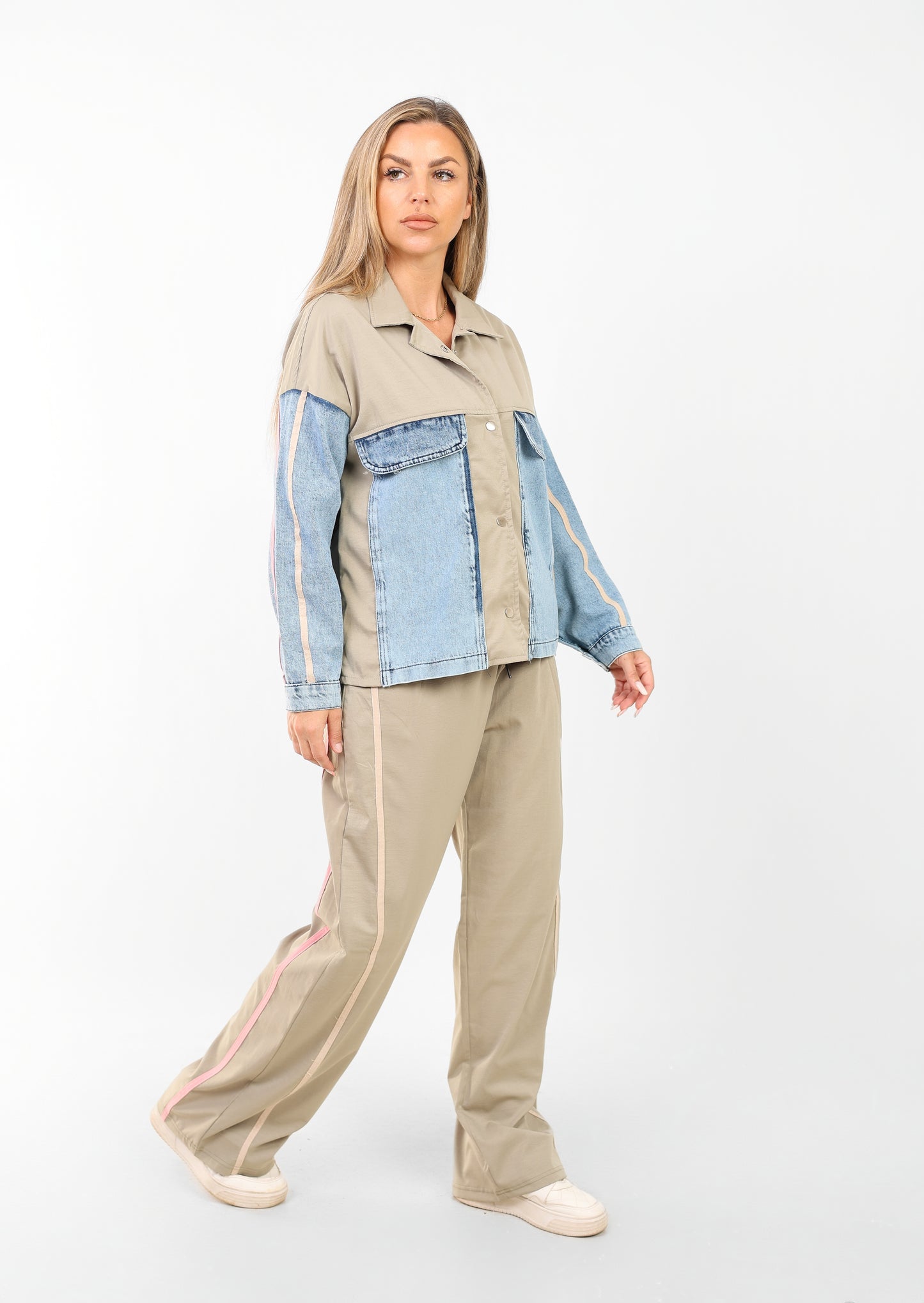 Women's Color Block Jacket and Pants Set with Stripe Detail – Casual Streetwear Style