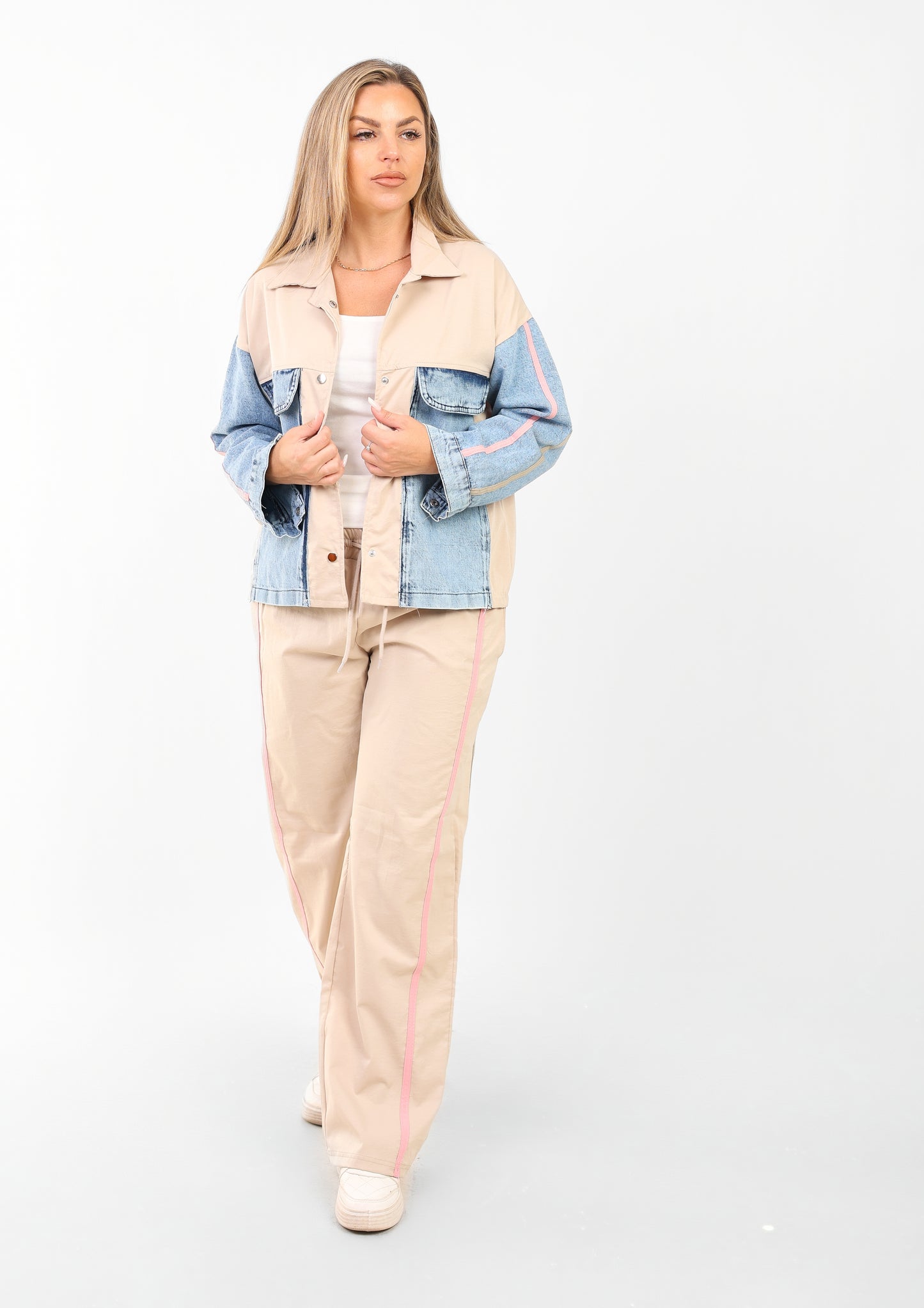 Women's Color Block Jacket and Pants Set with Stripe Detail – Casual Streetwear Style