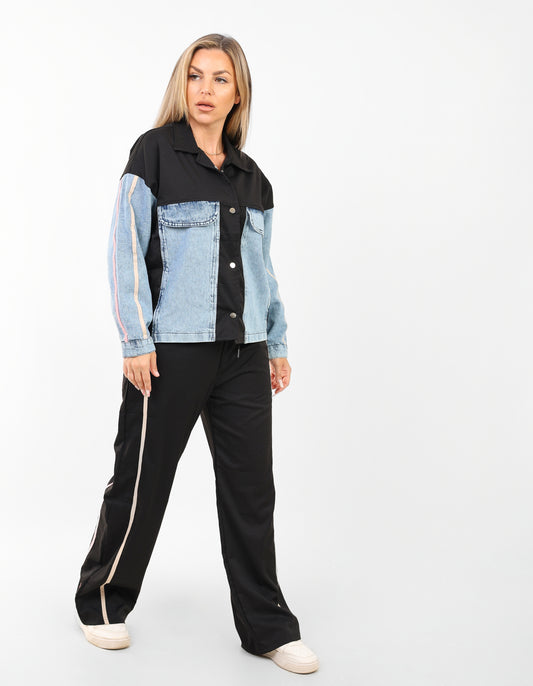 Women's Color Block Jacket and Pants Set with Stripe Detail – Casual Streetwear Style
