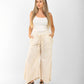 Women's Beige Wide-Leg Pants with Smocked Waist – Casual Summer Linen Blend Trousers