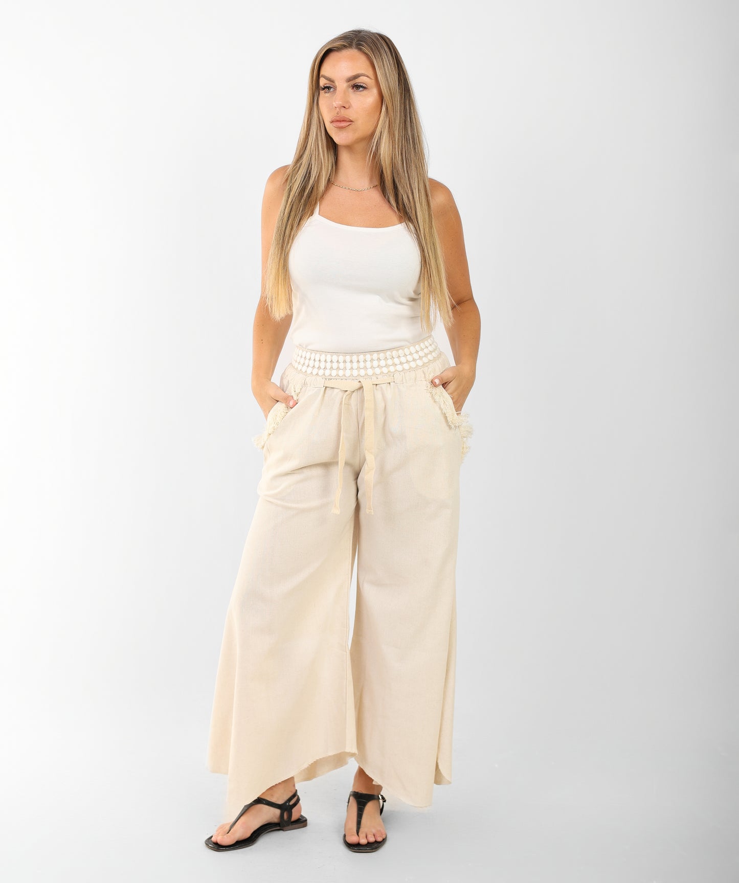 Women's Beige Wide-Leg Pants with Smocked Waist – Casual Summer Linen Blend Trousers