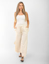 Women's Beige Wide-Leg Pants with Smocked Waist – Casual Summer Linen Blend Trousers