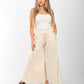 Women's Beige Wide-Leg Pants with Smocked Waist – Casual Summer Linen Blend Trousers