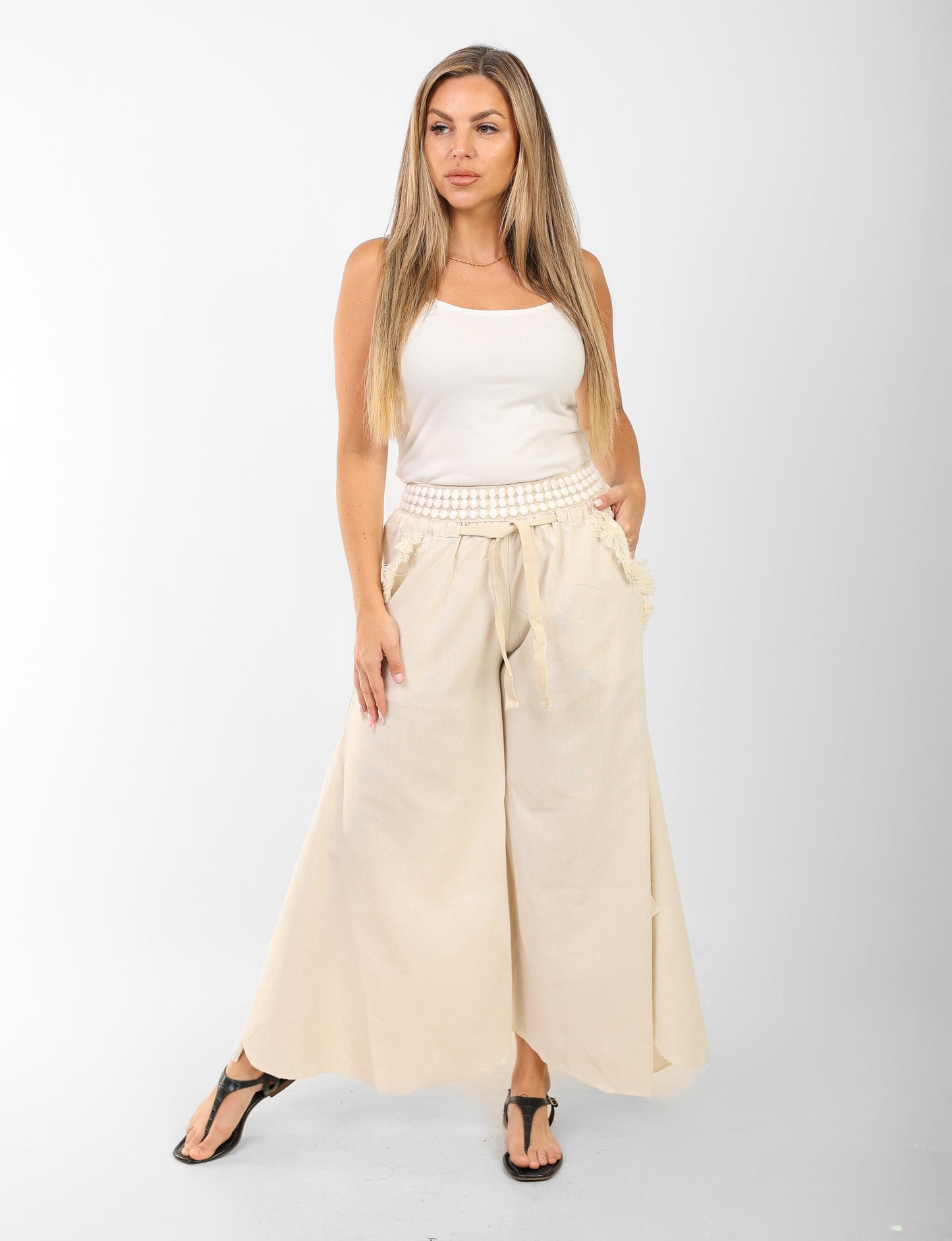 Women's Beige Wide-Leg Pants with Smocked Waist – Casual Summer Linen Blend Trousers