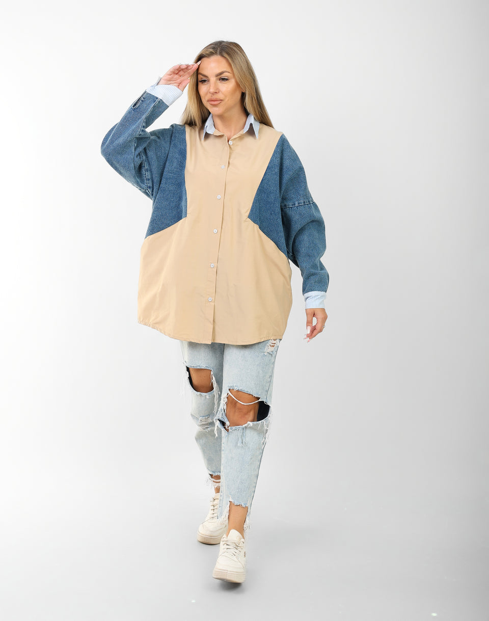 poplin shirt with denim sleeves