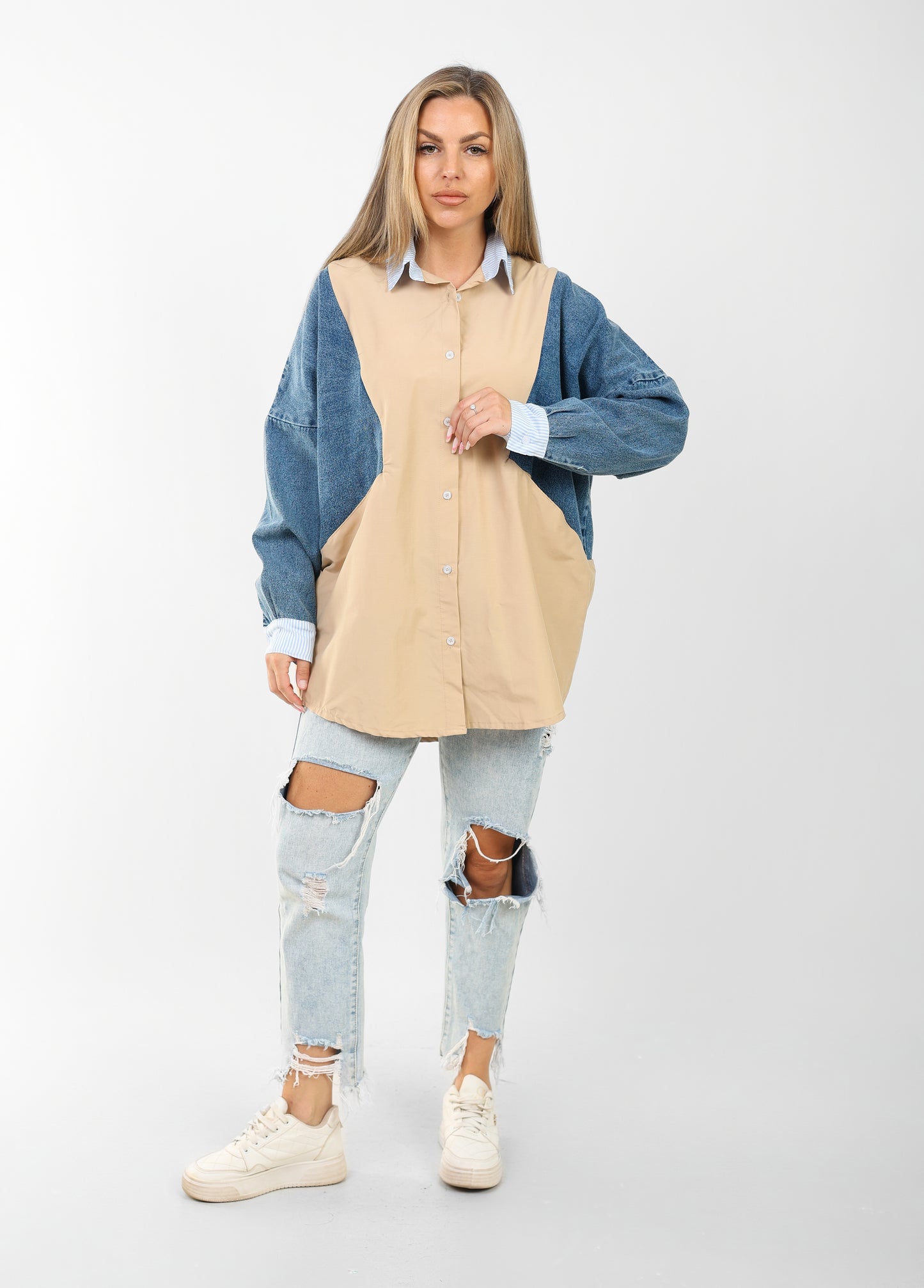 poplin shirt with denim sleeves