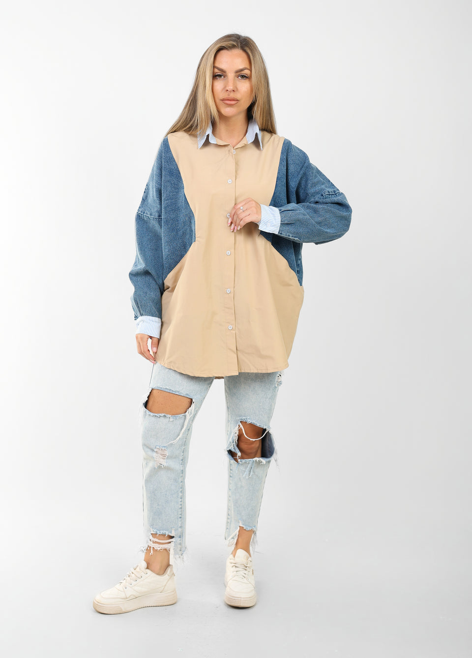 poplin shirt with denim sleeves