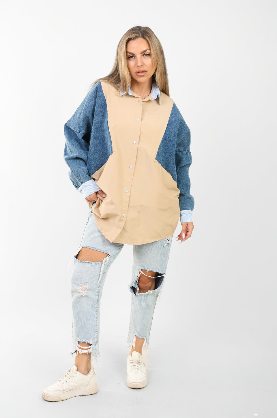 poplin shirt with denim sleeves