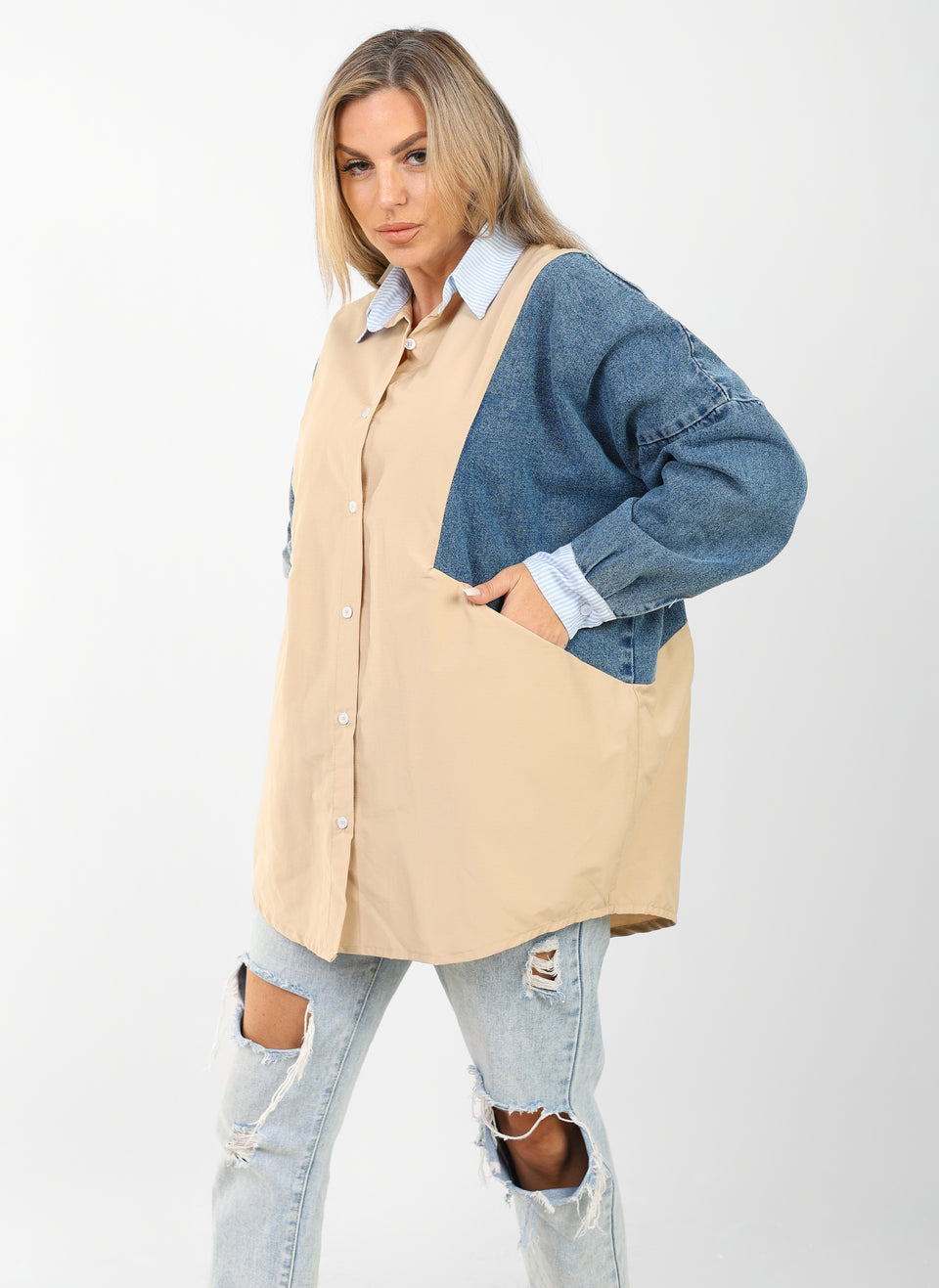 poplin shirt with denim sleeves
