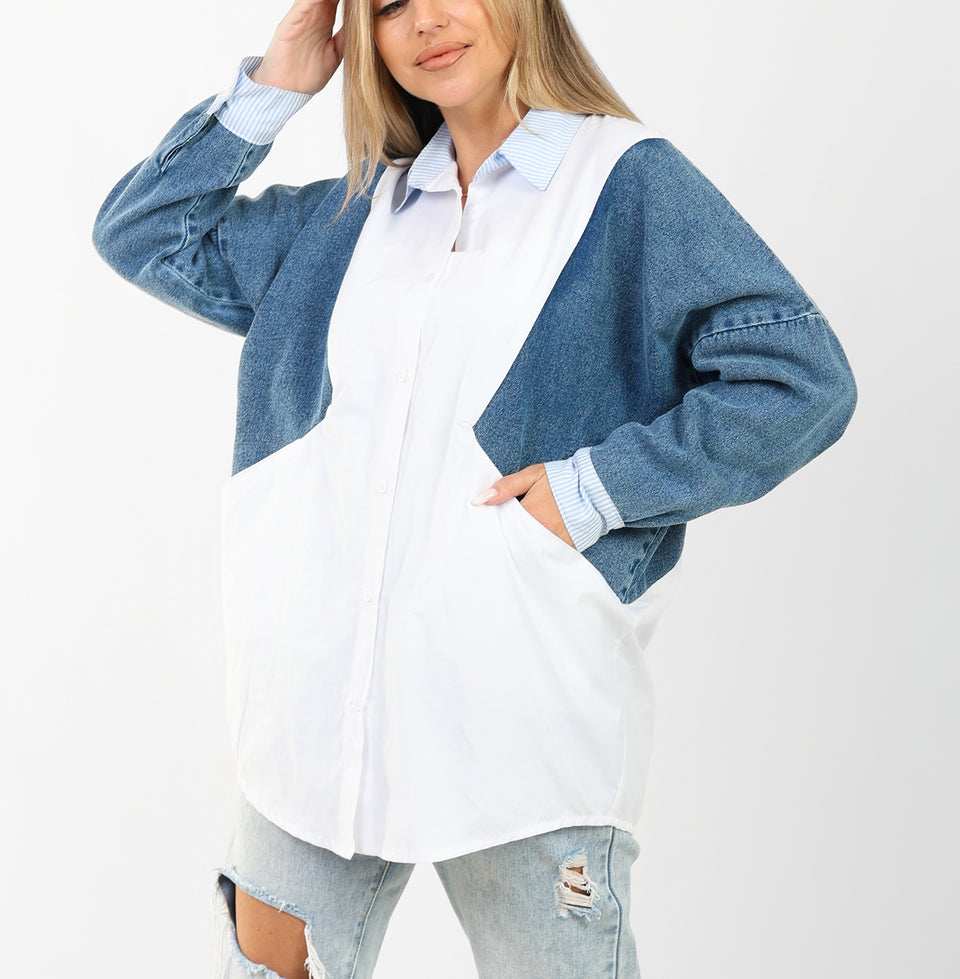 poplin shirt with denim sleeves