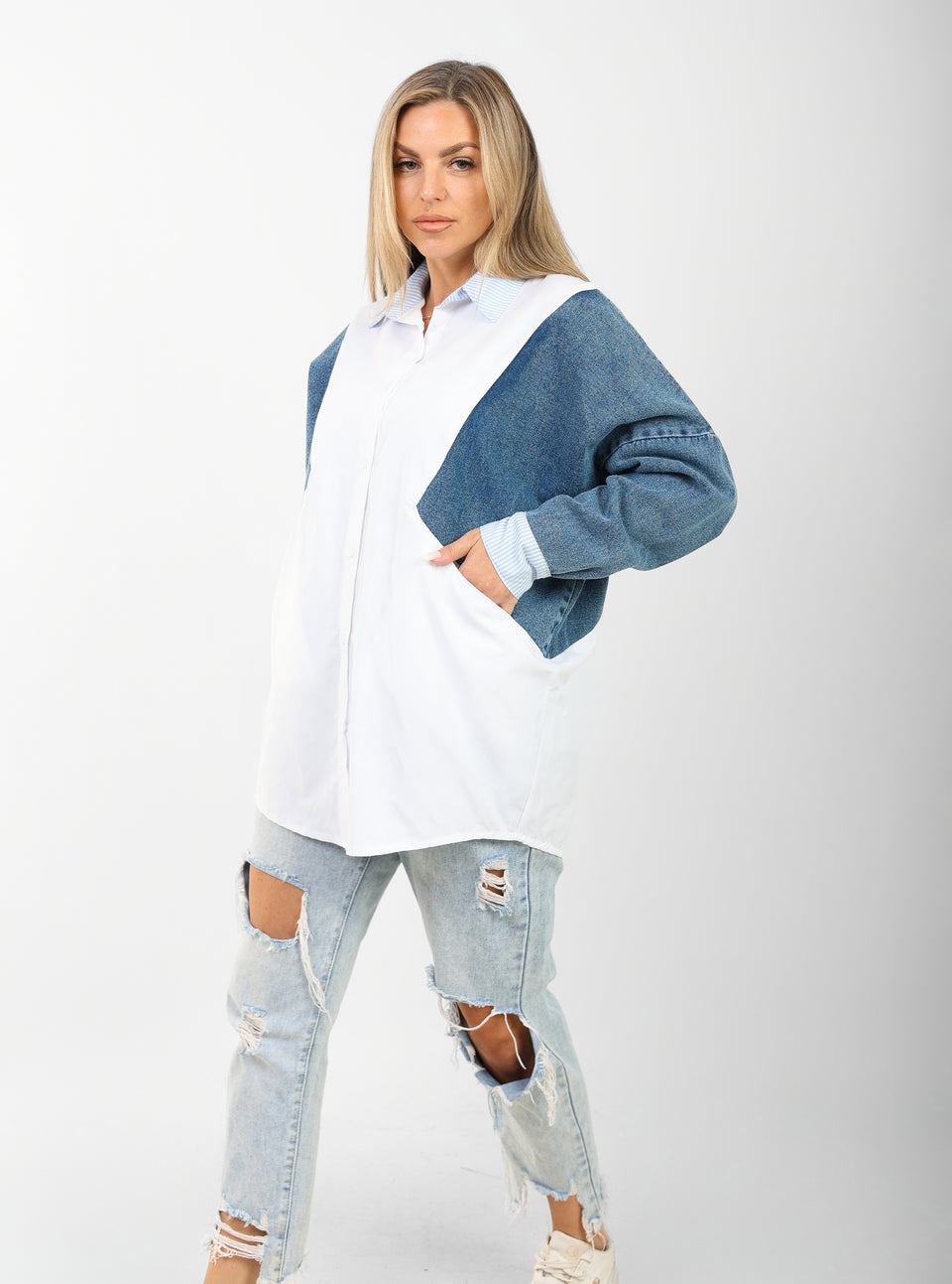 poplin shirt with denim sleeves