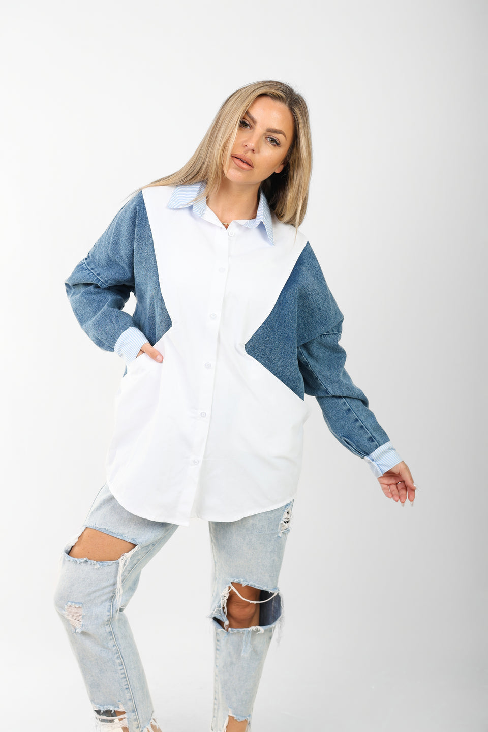 poplin shirt with denim sleeves