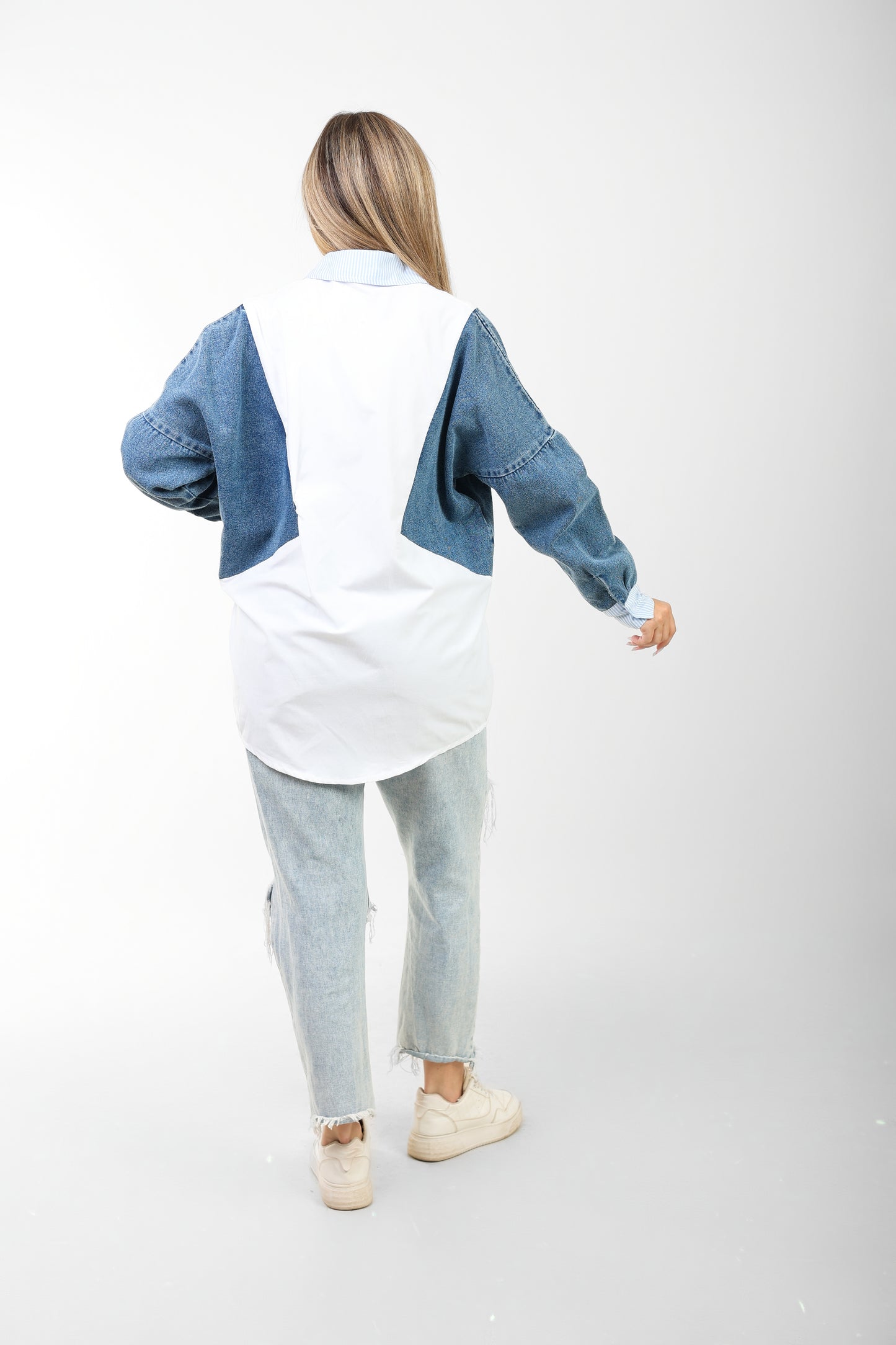 poplin shirt with denim sleeves
