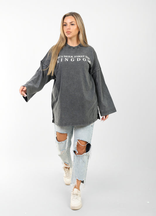 Oversized Washed Black Graphic Long Sleeve T-Shirt – "Seek First His Kingdom"