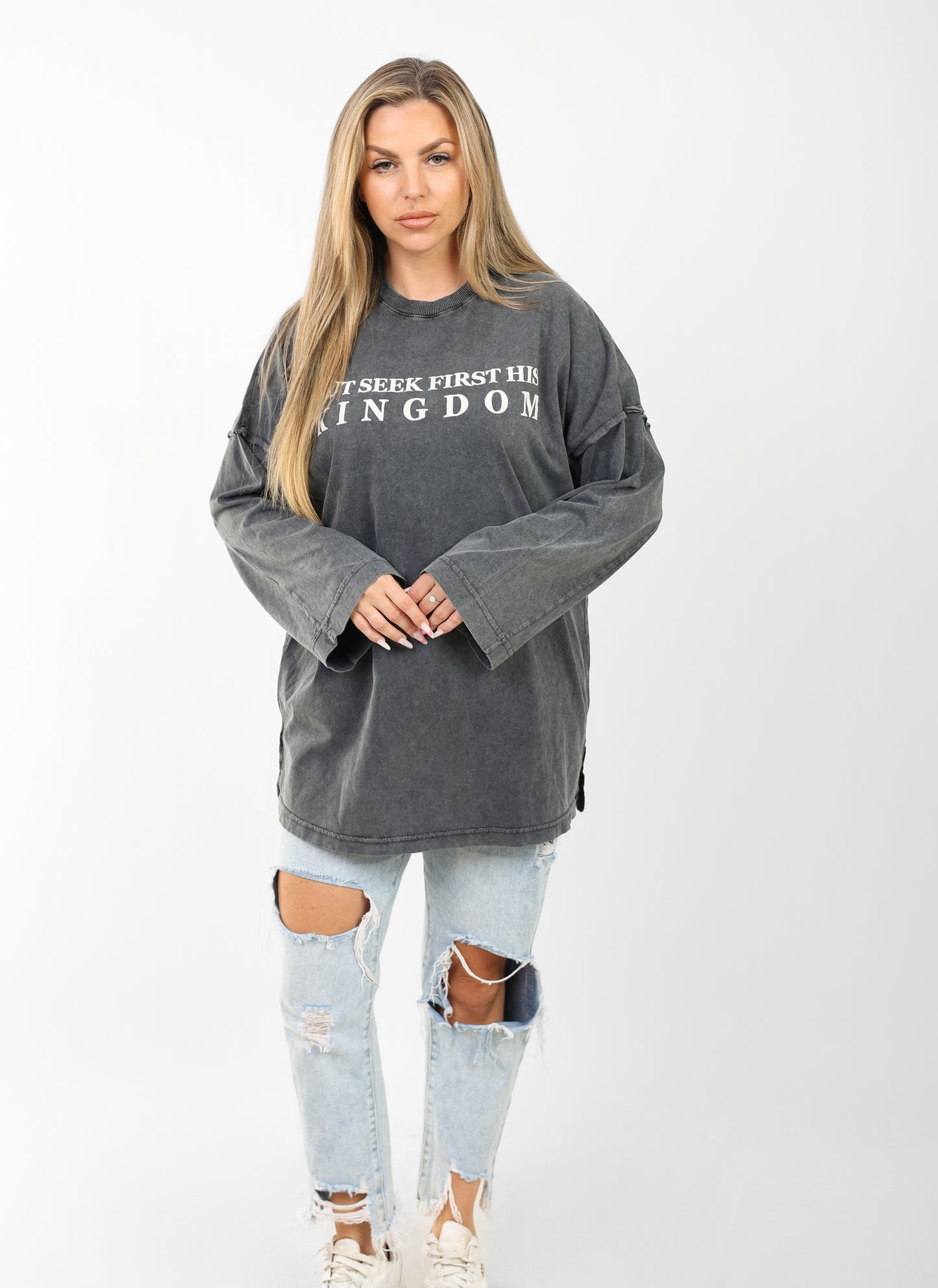 Oversized Washed Black Graphic Long Sleeve T-Shirt – "Seek First His Kingdom"