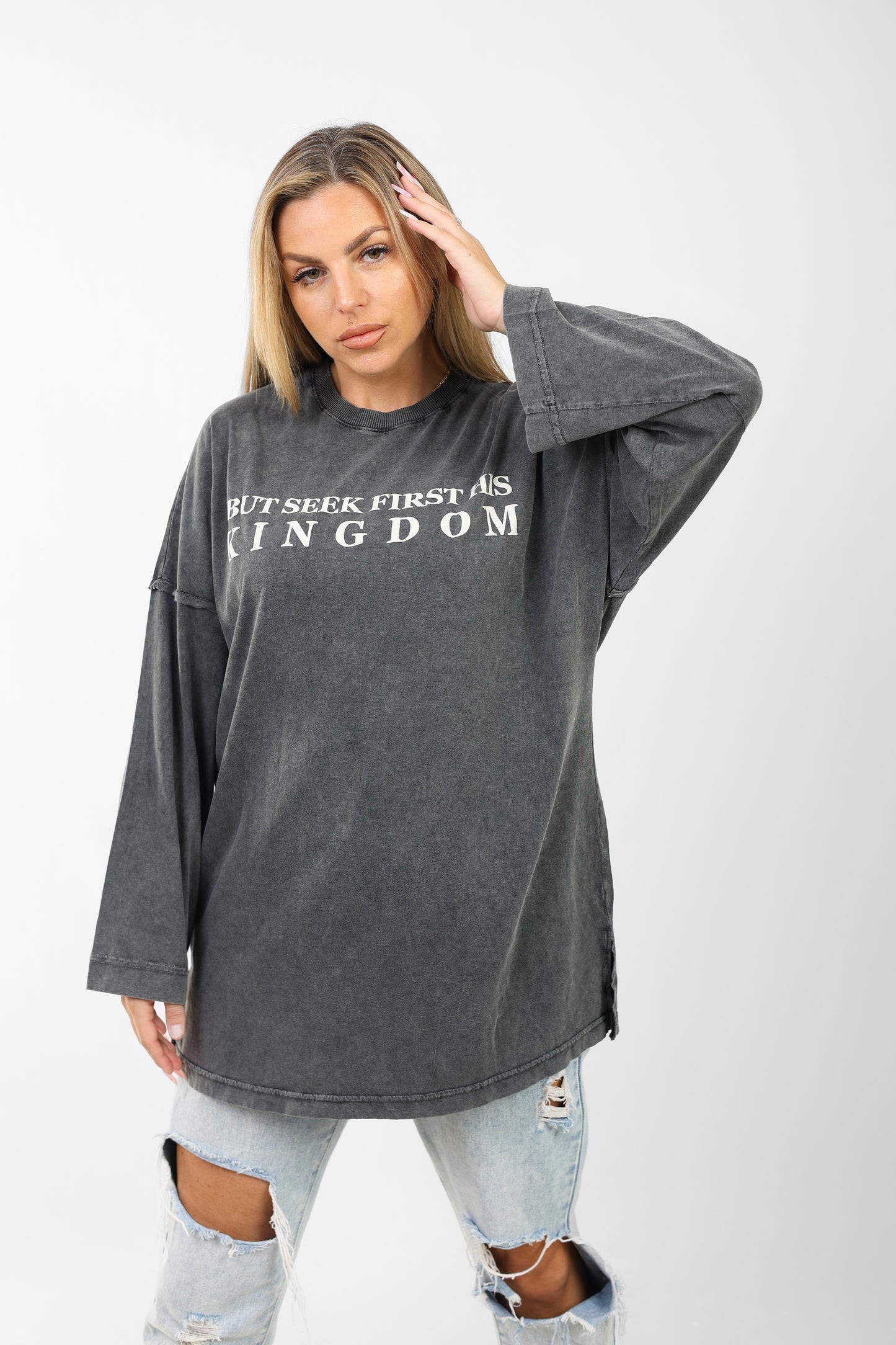 Oversized Washed Black Graphic Long Sleeve T-Shirt – "Seek First His Kingdom"