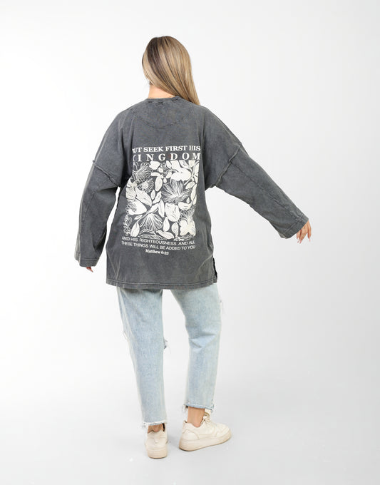 Oversized Washed Black Graphic Long Sleeve T-Shirt – "Seek First His Kingdom"