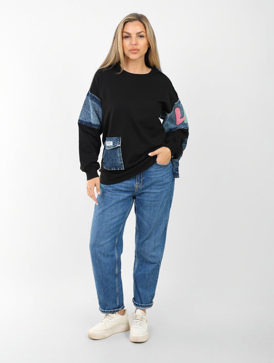 Sweatshirt with Denim Patchwork Sleeves & Casual Fit