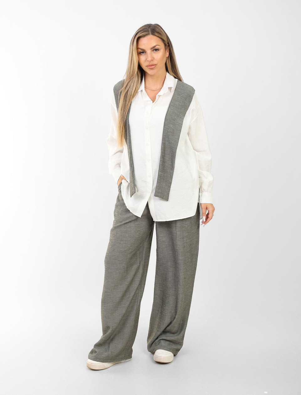 denim and linen suit