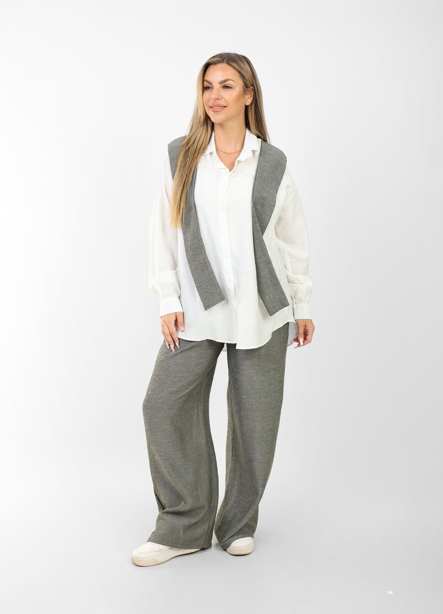denim and linen suit