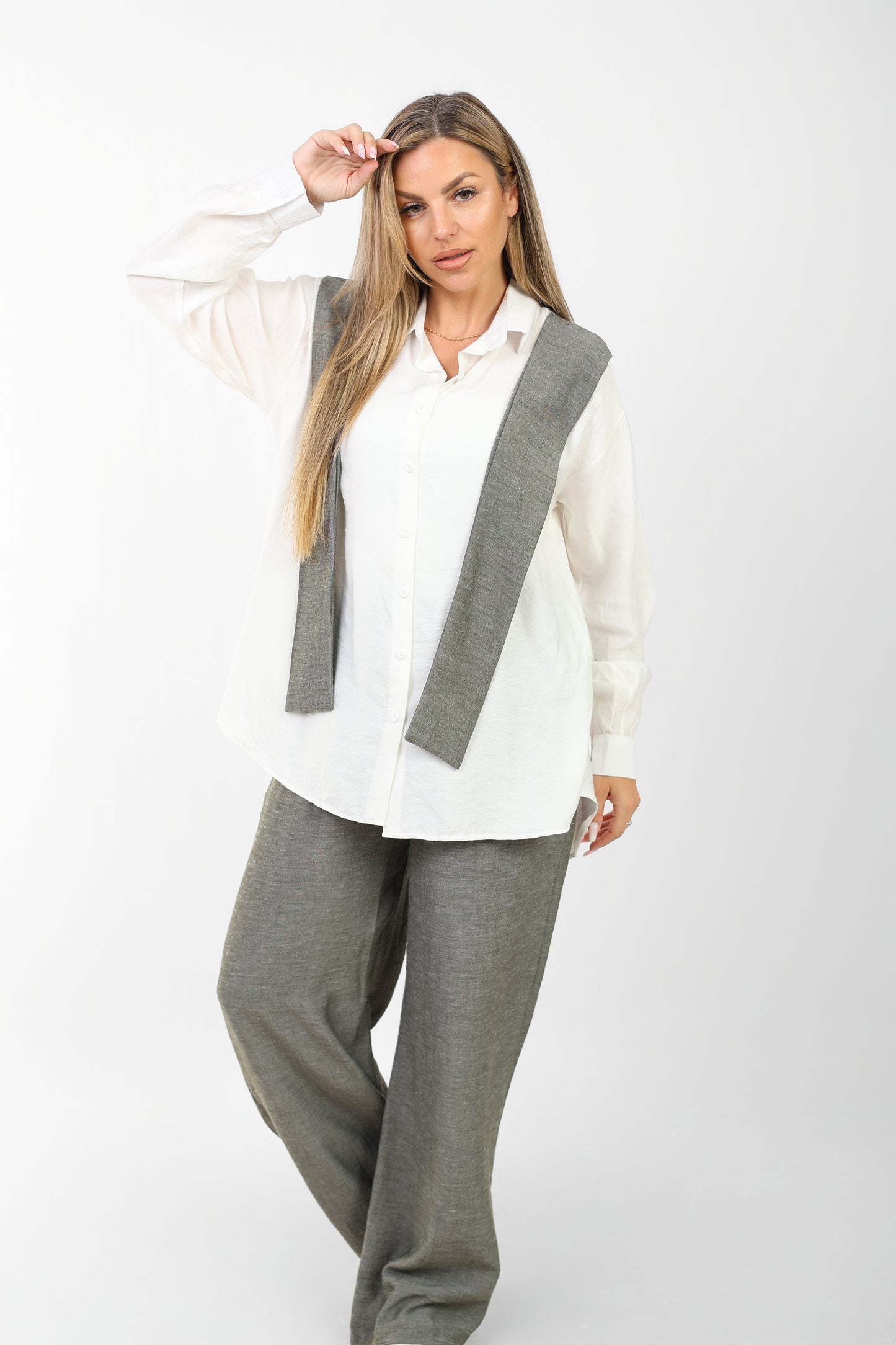 denim and linen suit