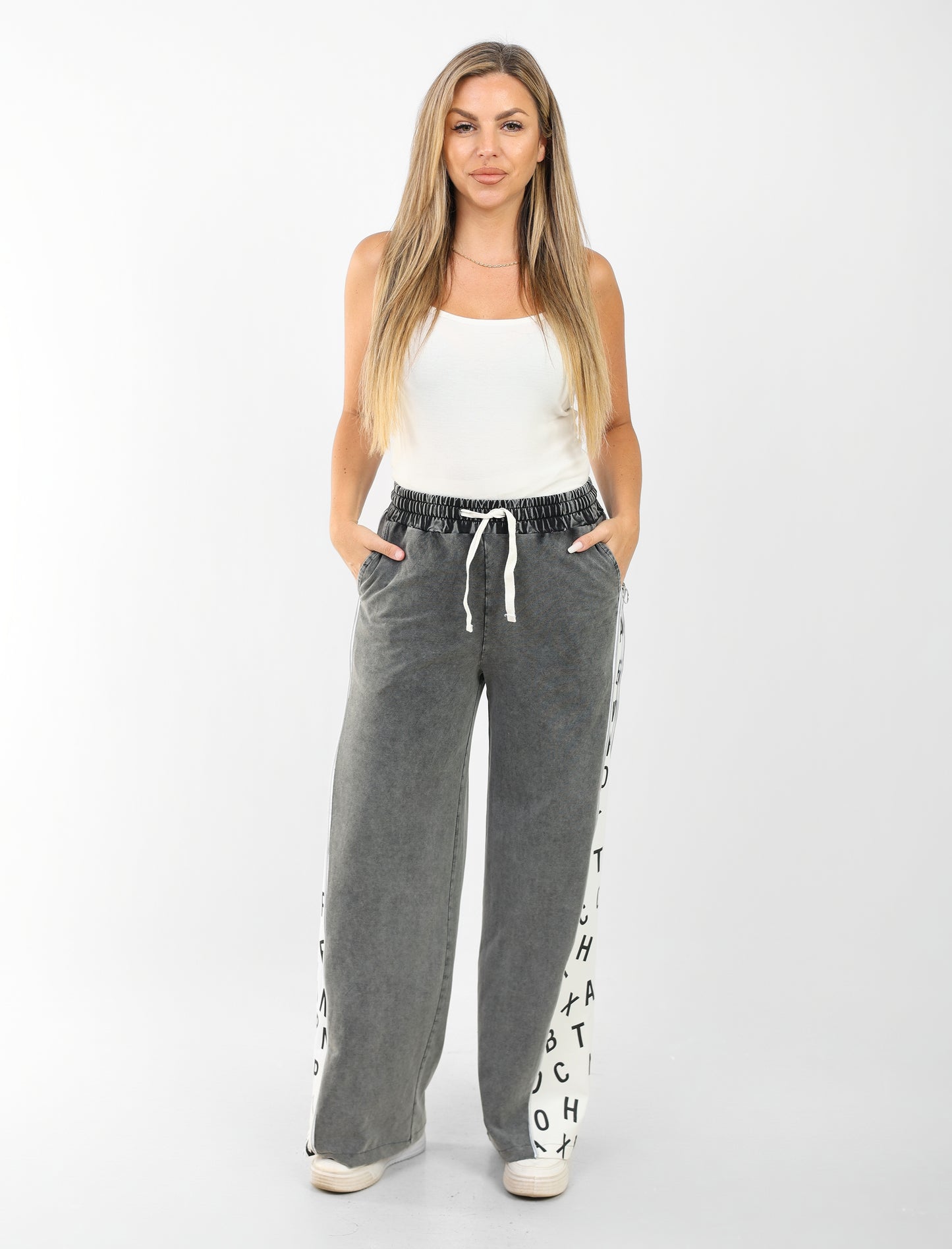 Women’s Wide Leg Jogger Pants – Grey with Alphabet Print Side Panel | Casual Street Style