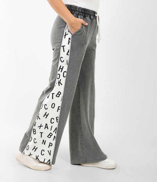 Women’s Wide Leg Jogger Pants – Grey with Alphabet Print Side Panel | Casual Street Style
