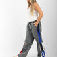 Washed Wide-Leg Jeans with Color Block Graphic Panels
