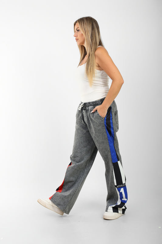 Washed Wide-Leg Jeans with Color Block Graphic Panels