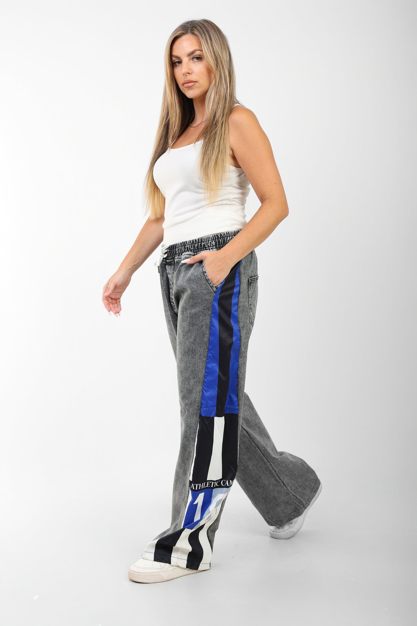 Washed Wide-Leg Jeans with Color Block Graphic Panels