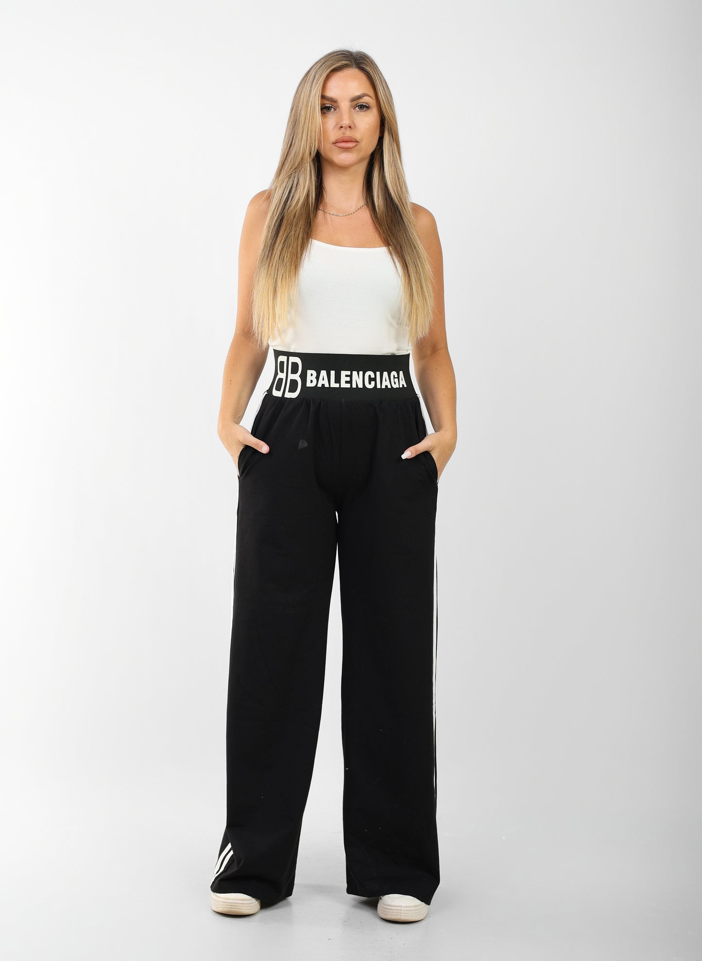 Women's Balenciaga-Inspired High-Waist Black Wide-Leg Joggers with Side Stripes