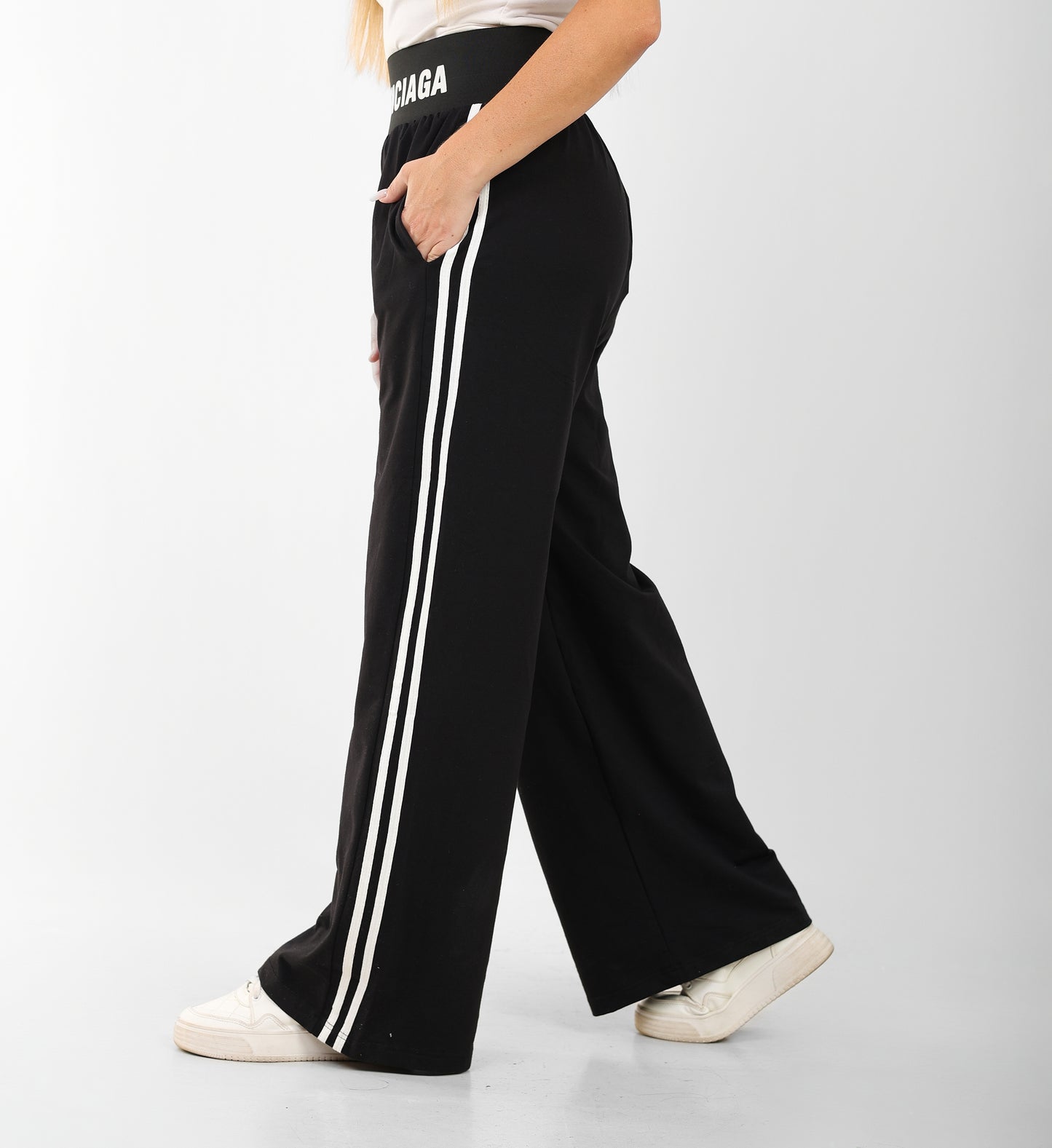 Women's Balenciaga-Inspired High-Waist Black Wide-Leg Joggers with Side Stripes