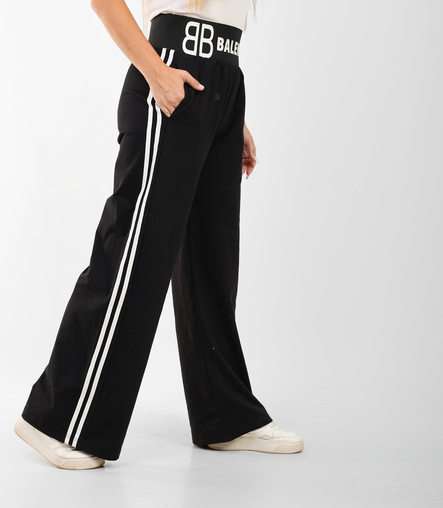 Women's Balenciaga-Inspired High-Waist Black Wide-Leg Joggers with Side Stripes