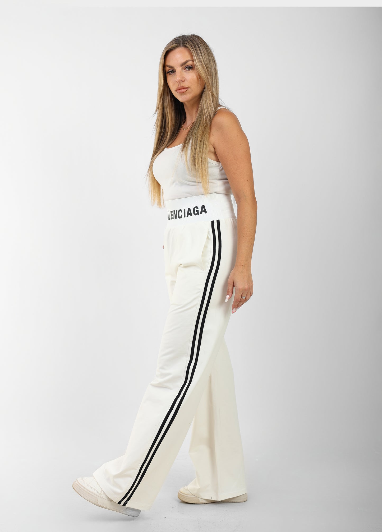 Women's Balenciaga-Inspired High-Waist Black Wide-Leg Joggers with Side Stripes