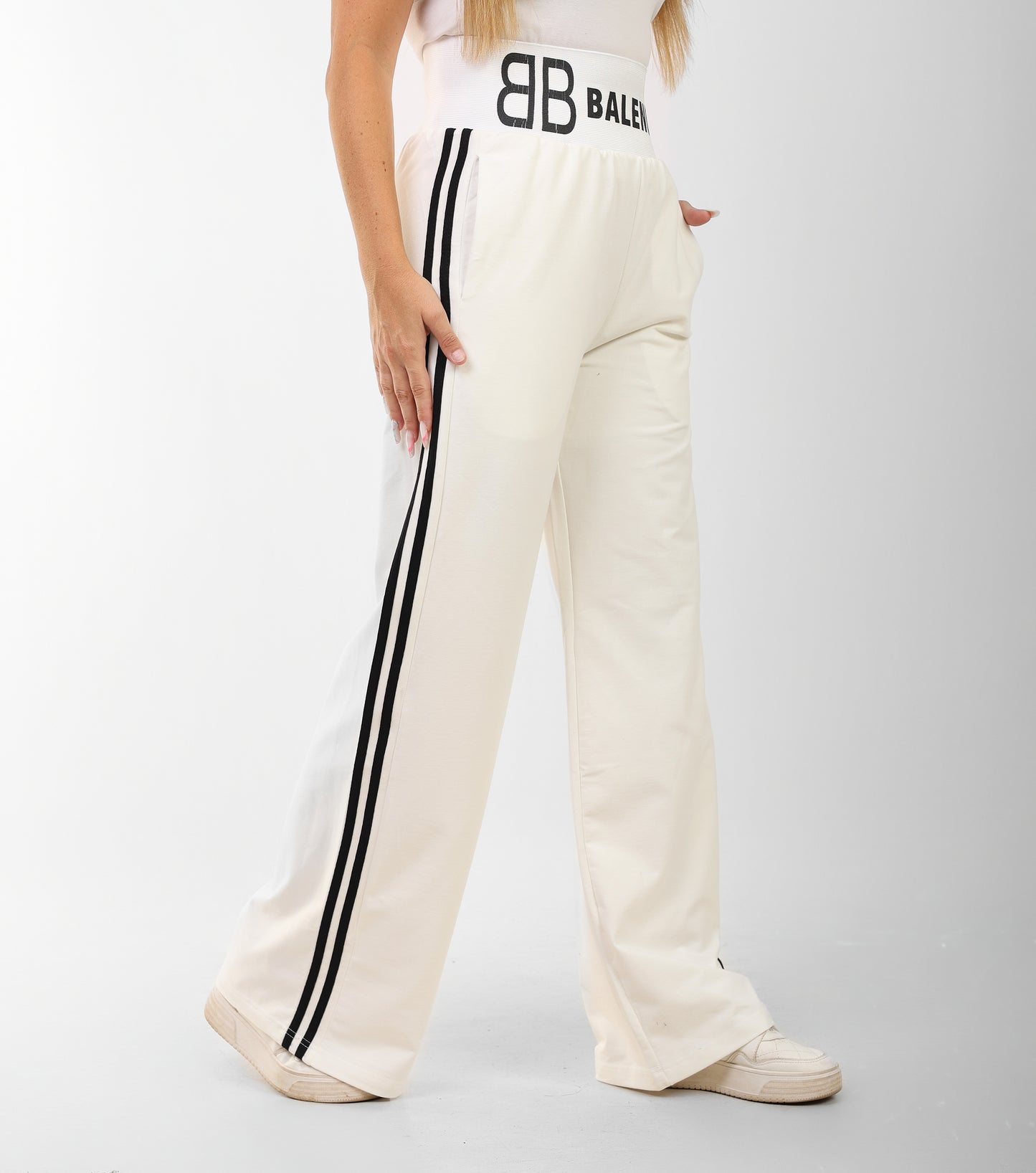 Women's Balenciaga-Inspired High-Waist Black Wide-Leg Joggers with Side Stripes
