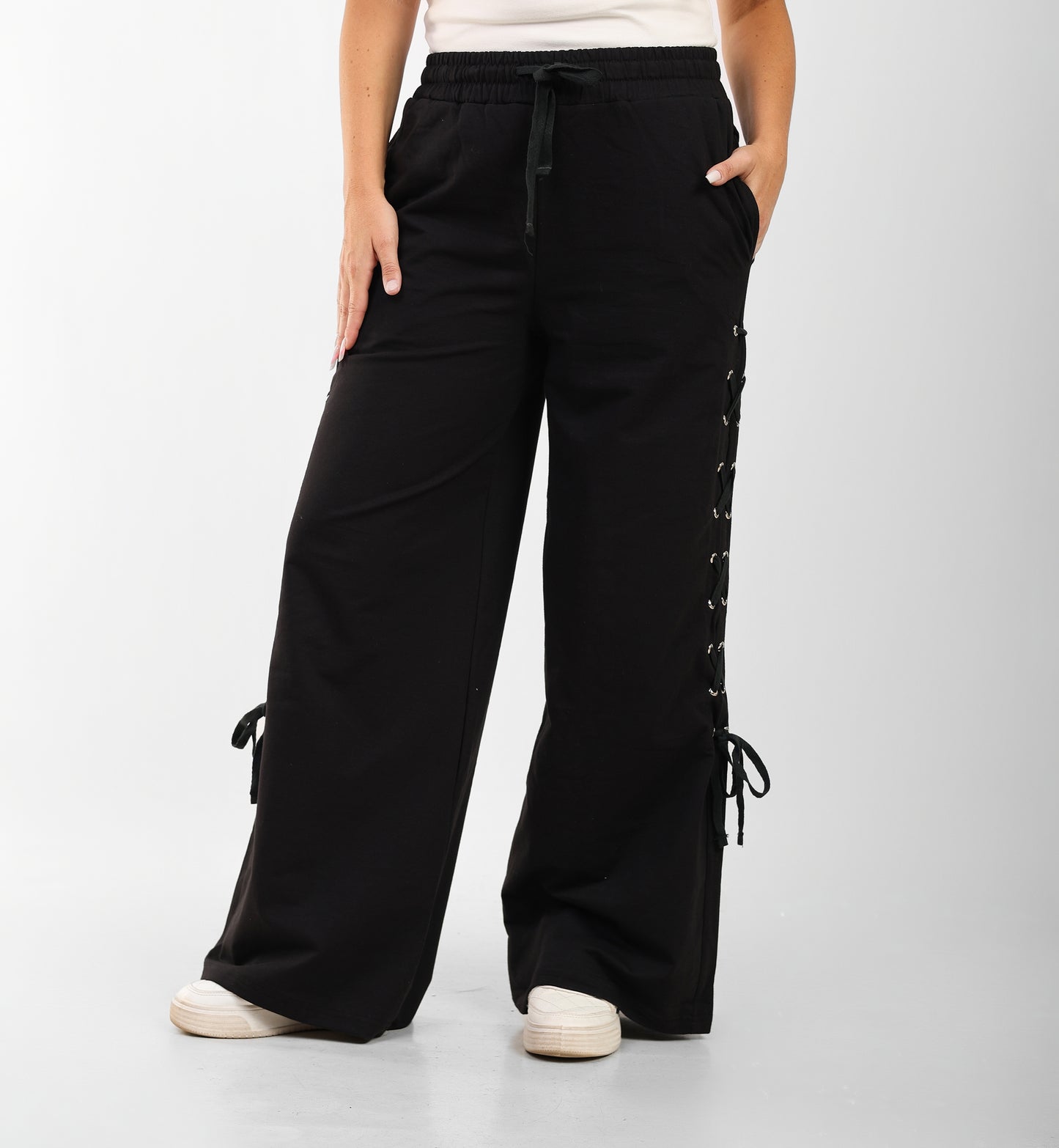 Black Side-Lace Wide-Leg Joggers – Edge Edition